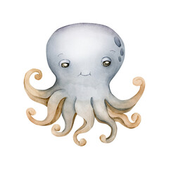 Cute Octopus. Sea marine animal. Ocean inhabitant. Adorable underwater creature. Watercolor hand painted illustration