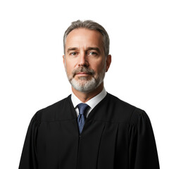A man wearing a judge's robe with a blue tie and graying hair gazes steadily forward.