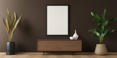 A brown wall with a white framed picture and a white vase. The room has a modern and minimalist feel