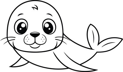 Cute Cartoon Seal with Big Eyes Outline on Transparent Background
