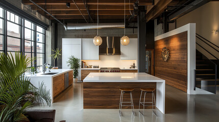 Modern loft with open concept kitchen and sleek white countertops