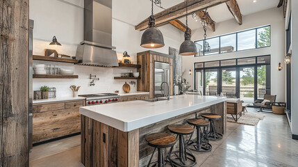 Rustic kitchen with wooden beams and modern appliances, cozy and inviting