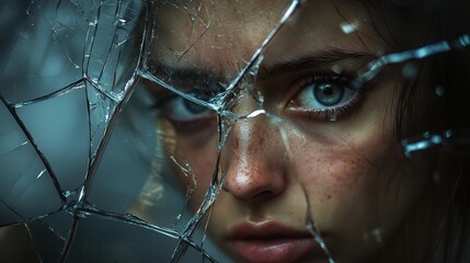 A woman's face is reflected in shattered glass, symbolizing emotional trauma and the journey of healing.