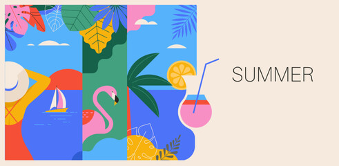 Colorful Geometric Summer and Travel Background, poster, banner. Summer time fun concept design promotion design. Vector illustration