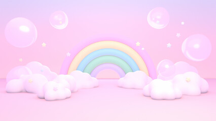 3D render cartoon rainbow land with bubbles, stars, and clouds.