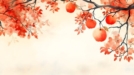 A lush autumn scene in an orchard with bright red and orange foliage surrounding the bountiful fruit hanging from the tree branches