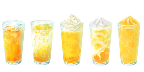 マンゴー系ドリンクの水彩イラストのセット