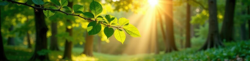 Sunbeams filter through leafy branches in a forest, branches, sunlight, serene