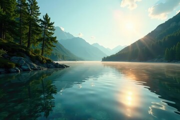 Sunlight dances upon the surface of a glassy lake, water, dance, nature