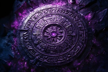 A mystical stone circle with intricate carvings and a central purple gem, surrounded by a dark, magical energy. Concept Mystical Stone Circle, Intricate Carvings, Central Purple Gem