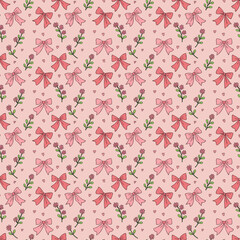 A seamless vector pattern featuring pink bows and green leaves on a light pink background. Perfect for fabric, wrapping paper, and decorations.  
