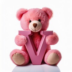 Cute pink teddy bear with letter V. Baby name reveal after child birth. Stuffed animal isolated on white background