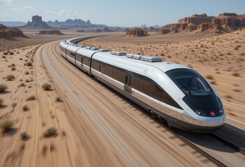 Modern train travels through desert landscape under clear blue sky
