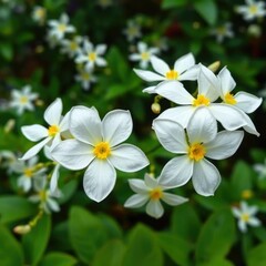 Fototapeta premium Delicate jasmine flowers with intricate white petals and yellow centers in a lush green garden, jasmine flowers, flowers in bloom, botanical