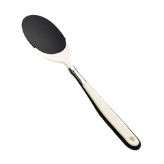 Close up of a black and white cooking spatula with a hole in the handle on a black background