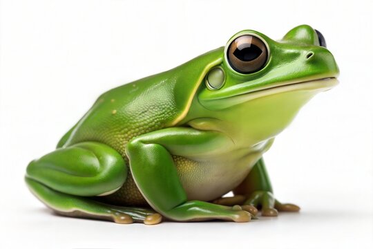 Vibrant Green Frog with Dark Eyes on White Background