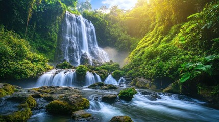 Fototapeta premium Serene Waterfall in Lush Tropical Paradise