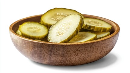 Bunch of sliced cucumbers in a wooden bowl. Gourmet pickles, pantry staple or healthy snack option.