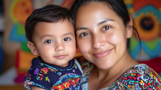 Madre latina sosteniendo a su hijo peque&ntilde;o con expresi&oacute;n tierna frente a un fondo colorido

