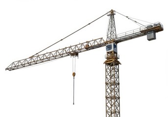 Tower crane construction against bright sky. Lifting machine used for building project. Equipment for industrial job. Steel structure for complex operations and heavy lifting