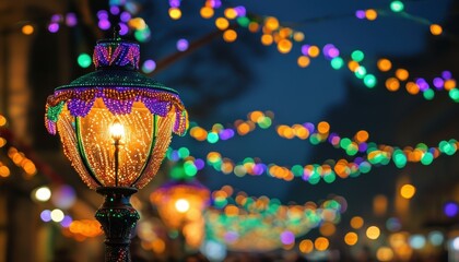 Vibrant evening with beaded lamppost and festive lights display