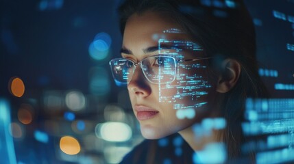A woman in a modern digital workspace, focused on advanced technologies like AI and quantum computing. Her visor suggests an augmented reality environment.