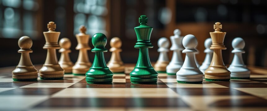 majestic chess set with green king on chess board illustration