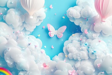 Fototapeta premium Colorful, whimsical sky with balloons and fluffy clouds against a clear blue background.