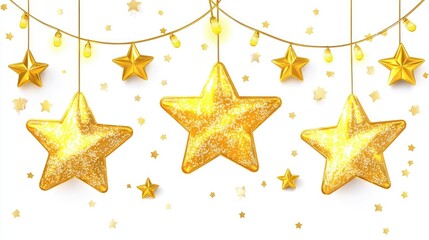 Golden Star Decorations with Glittering Effect and Bright Lights for Festive Celebrations