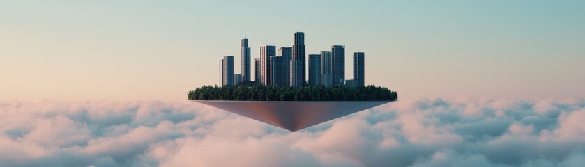 Fototapeta premium Floating cityscape above the clouds futuristic architecture surreal environment aerial view