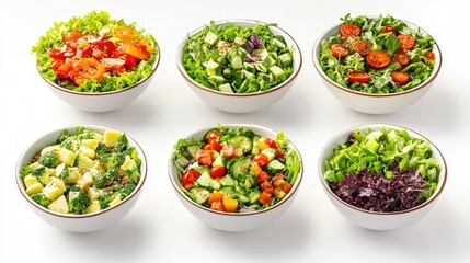 Set of six salads in white bowls with a range of ingredients, including fresh greens and vegetables.