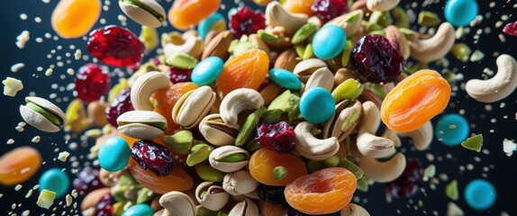Obraz premium captivating motion of nuts and dried fruits in the air