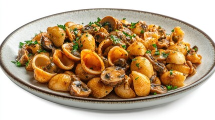 Fototapeta premium A delicious pasta dish featuring mushrooms in a savory sauce, served on an oval plate for presentation.