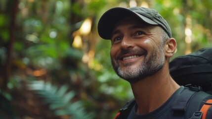 Happy hiker, smiling in tropical forest with backpack and trail equipment