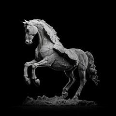 Artistic representation of a running horse crafted from paper with intricate details and grayscale depth map visualization
