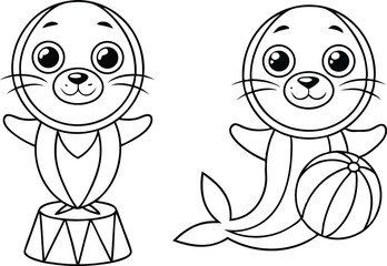 Cute Outline Cartoon Seals Performing with Ball and Stand on Transparent Background