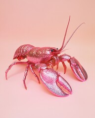 High key surreal photograph of pink lobster glimmering with vibrant colors against a soft background creating a dreamlike effect