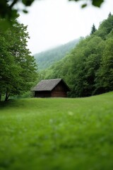 A small wooden cabin is sitting in a lush green field. The cabin is surrounded by trees and the sky is cloudy. The scene is peaceful and serene