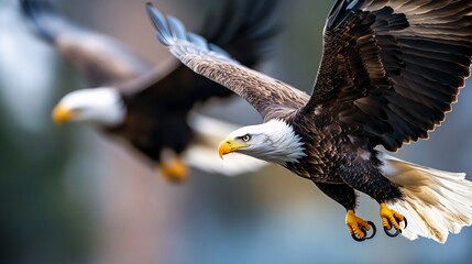 Fototapeta premium Majestic Bald Eagle in Flight with Wings Spread Wide