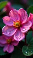 Fototapeta premium Water drops on pink Nyctaginaceae leaves and flowers, nectar, droplets