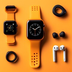 Vibrant orange colored smartwatch wireless headphones and other tech accessories arranged on a minimalist background