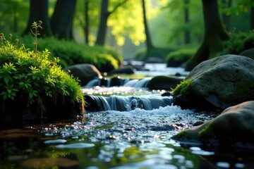 Water flows gently through a winding forest stream, gradient, soft focus