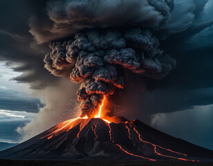 Erupting volcano unleashes fiery lava and billowing smoke against a dramatic sky in a vivid 3D animated landscape Generative AI