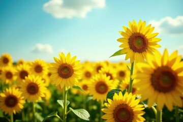 Sunflower field with yellow flowers swaying in wind, yellow fabric, sunlight, yellow field