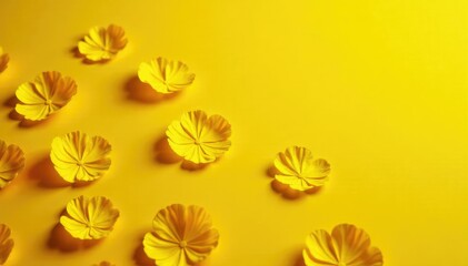 Sunflower petals scattered on a bright yellow fabric background, texture, floral