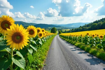 Obraz premium Sunflowers bloom in clusters along a winding country road, landscape, countryside