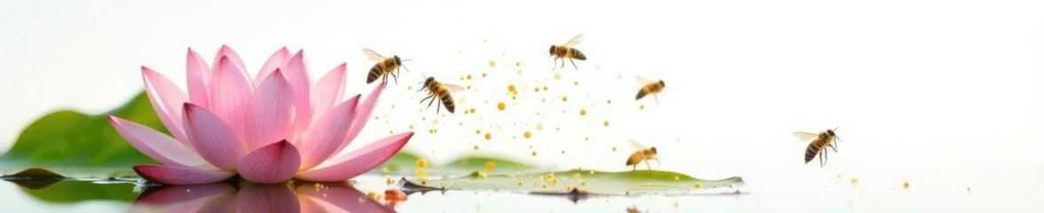 Water lily on white background with bees collecting pollen and spreading pollen grains, garden, flowers