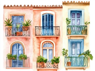 Charming watercolor painting of a european balcony with charming surrounded by quaint architectural details
