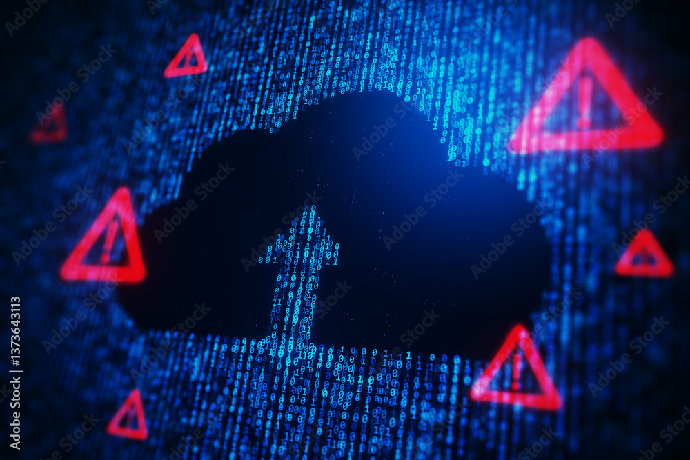 Poster Cybersecurity cloud data breach warning with digital symbols. 3D Rendering