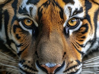 The majestic face of a tiger, its gaze captivating and eyes glowing gold. The background is blurred to focus on the tiger's intense expression.